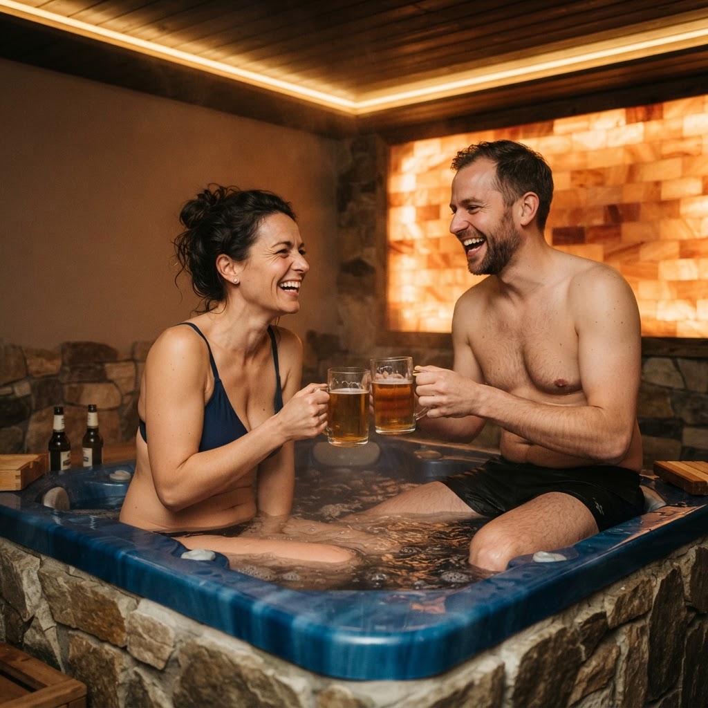 Symbolbild: Eine Frau und ein Mann lachen entspannt in einer blauen Wanne, Biergläser in der Hand