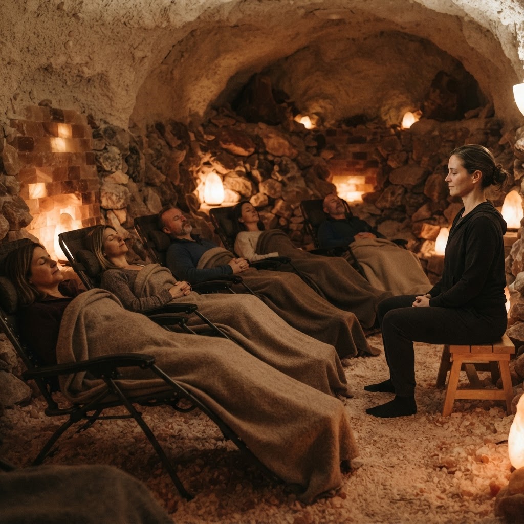 Kleine Gruppe entspannt auf Liegen in der Salzgrotte während eines PMR-Kurses (Symbolbild)