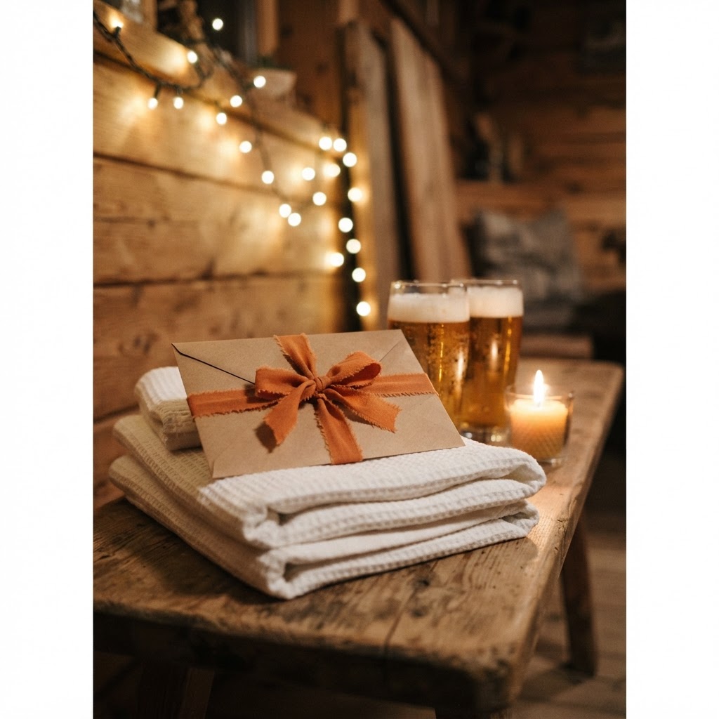 Symbolbild: Geschenkumschlag aus Kraftpapier mit orangefarbener Stoffschleife auf gefalteten Handtüchern, daneben Biergläser und Kerze