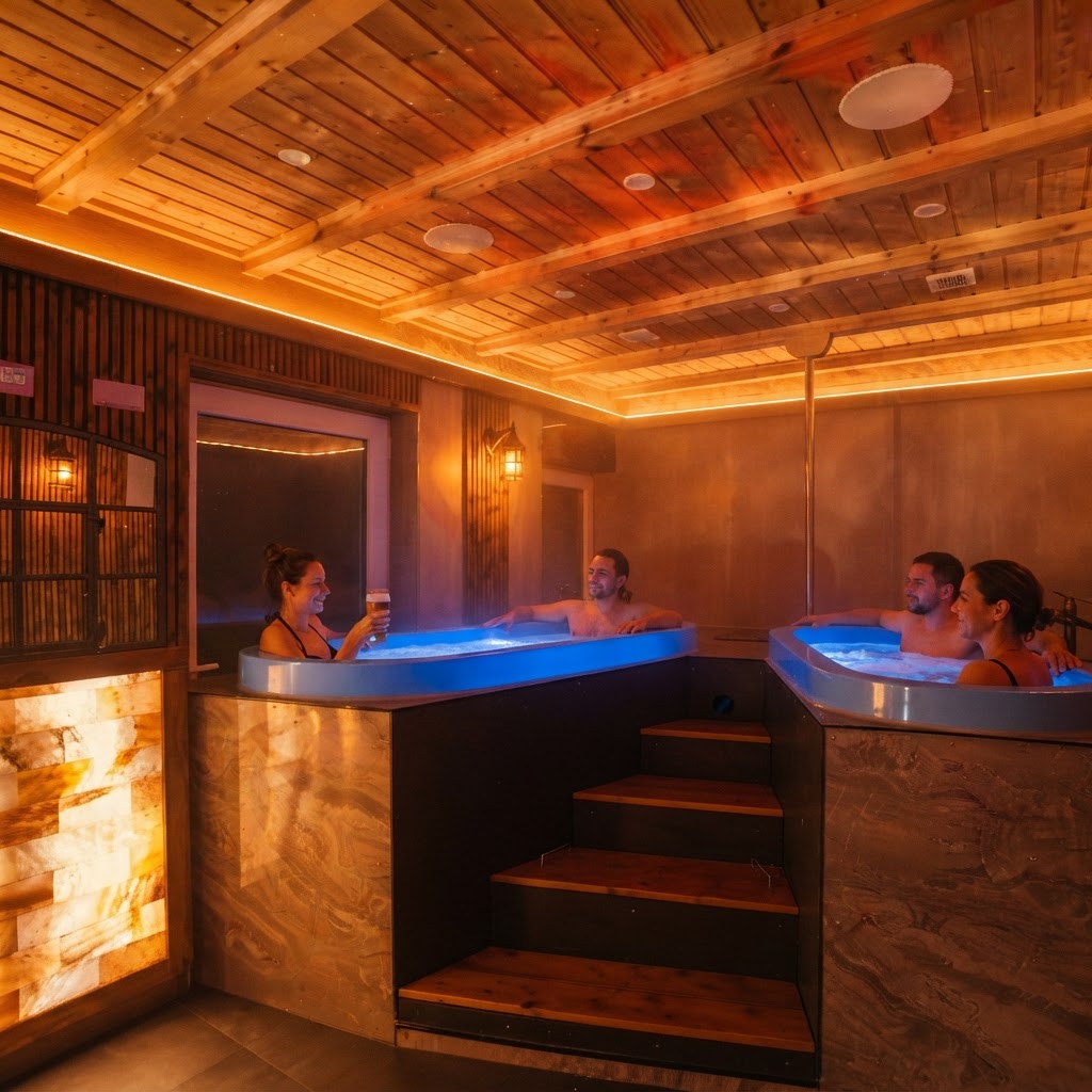 Symbolbild: Vier Freunde entspannen gemeinsam in den zwei blauen Bierbad-Wannen des Bier-Spa, warmes Licht
