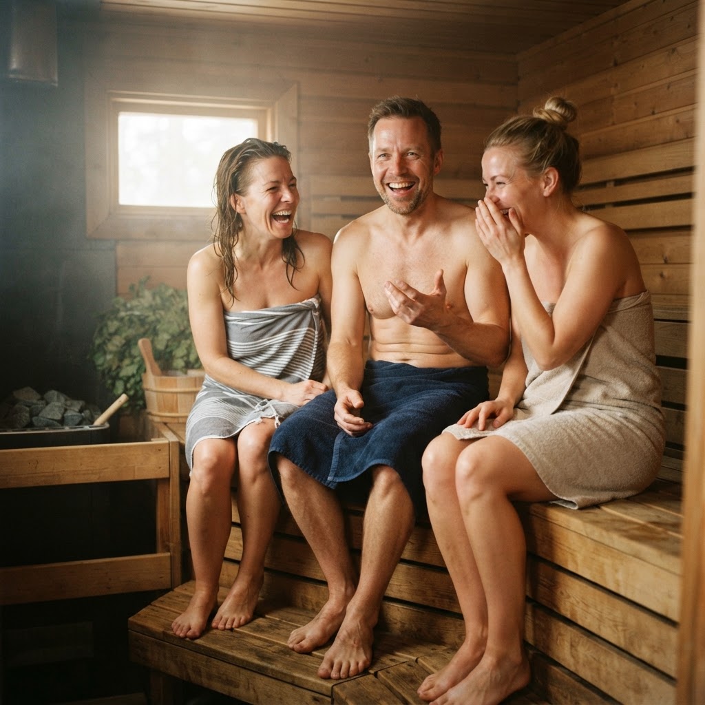 Symbolbild: Drei Freunde mit Handtüchern lachen auf der oberen Bank einer hellen Holzsauna, leichter Dampf