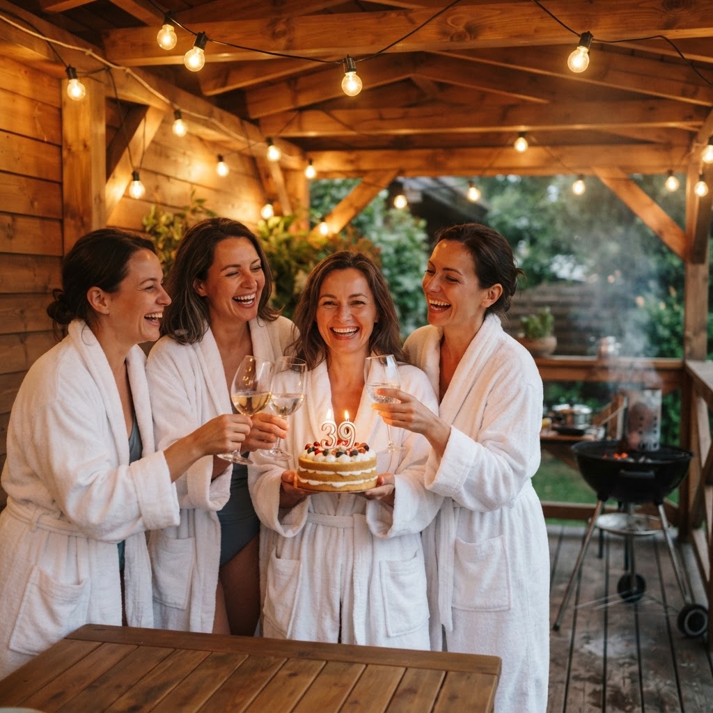 Symbolbild: Vier Freundinnen in weißen Bademänteln feiern abends auf der überdachten Holzterrasse Geburtstag mit Kuchen und Kerzen