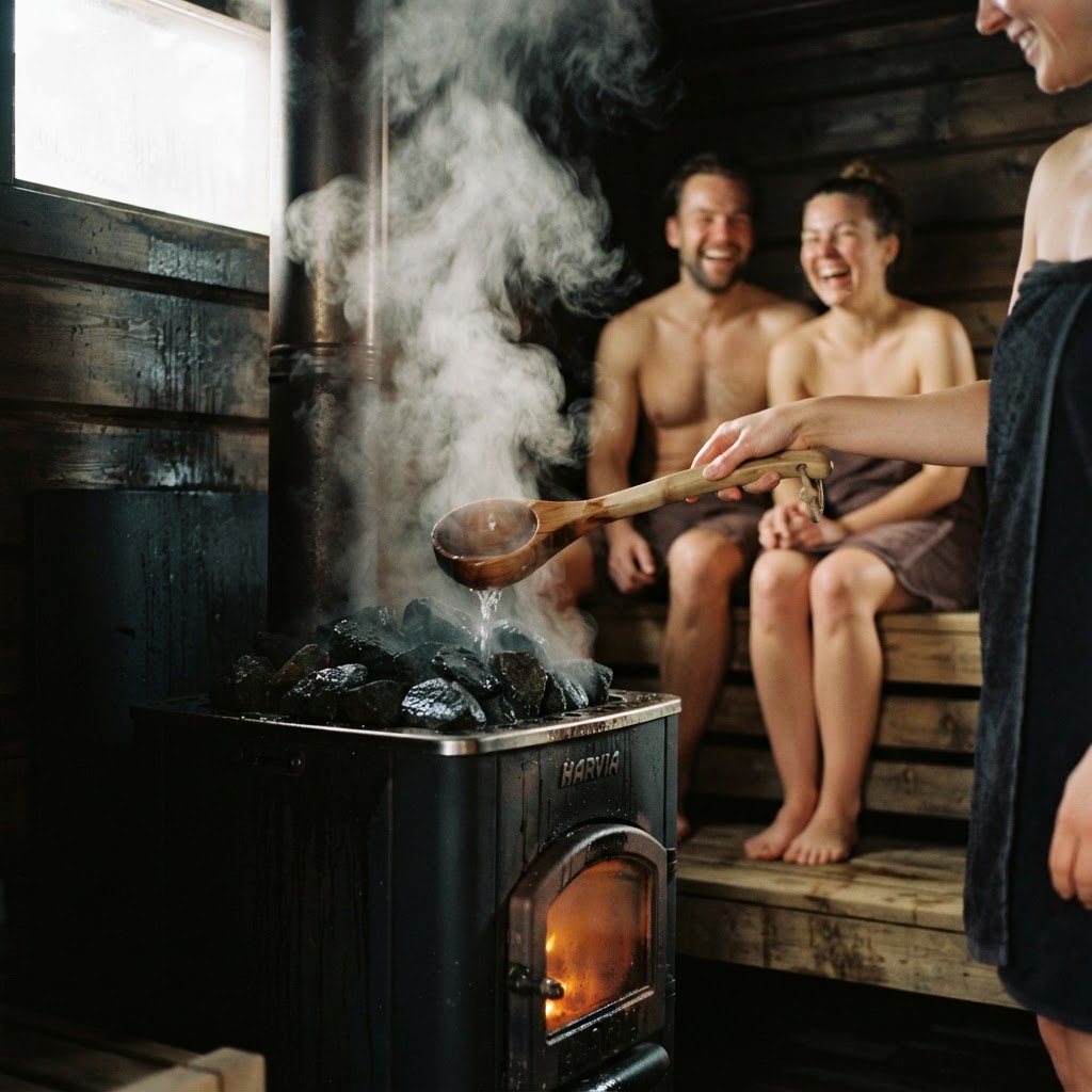 Symbolbild: Hand gießt mit einer Holzkelle Wasser auf heiße Steine über dem Holzofen einer Sauna, Dampf steigt auf
