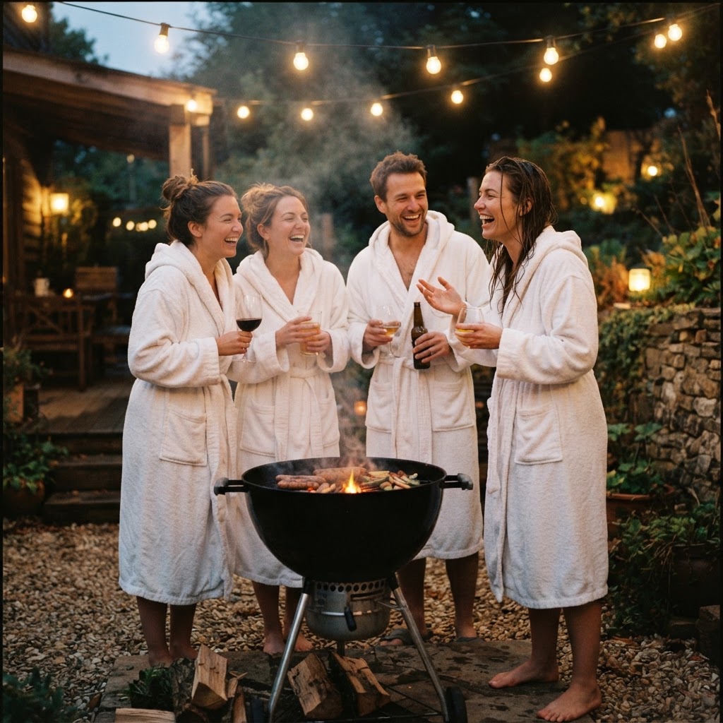 Symbolbild: Vier Freunde in weißen Bademänteln stehen abends unter einer Lichterkette eng zusammen um den Grill, alle lachen mit Gläsern in der Hand