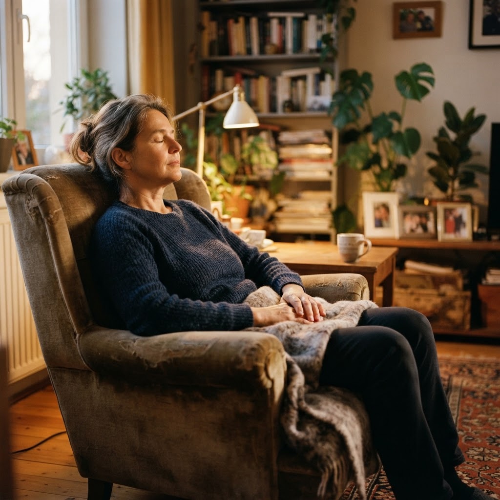 Symbolbild: Frau ca. 55 sitzt zu Hause im Sessel, Augen geschlossen, Hände locker auf den Oberschenkeln, ruhiges Abendlicht