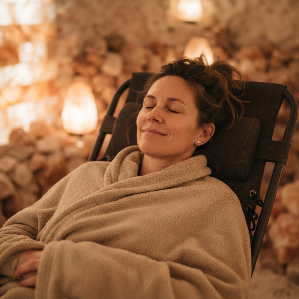 Symbolbild: Frau liegt mit geschlossenen Augen unter einer Decke in der Salzgrotte, warmes Salzlampenlicht