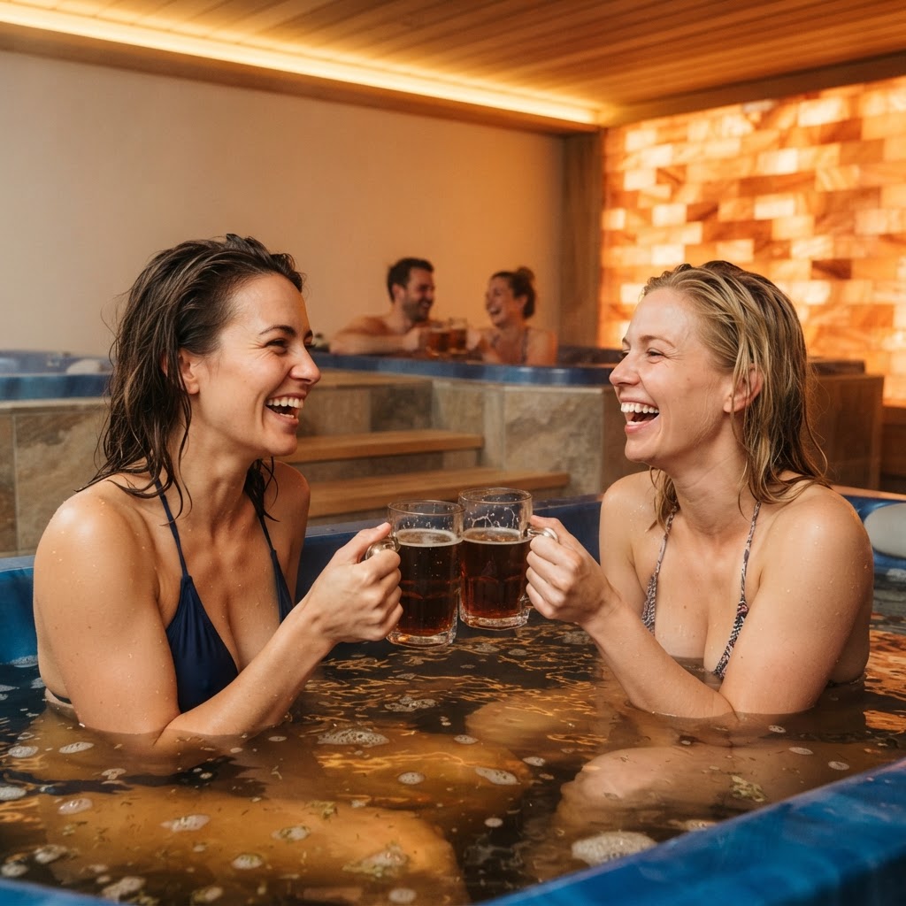 Symbolbild: Zwei Freundinnen stoßen in einer der blauen Wannen lachend mit Biergläsern an, hinten zwei Freunde in der zweiten Wanne