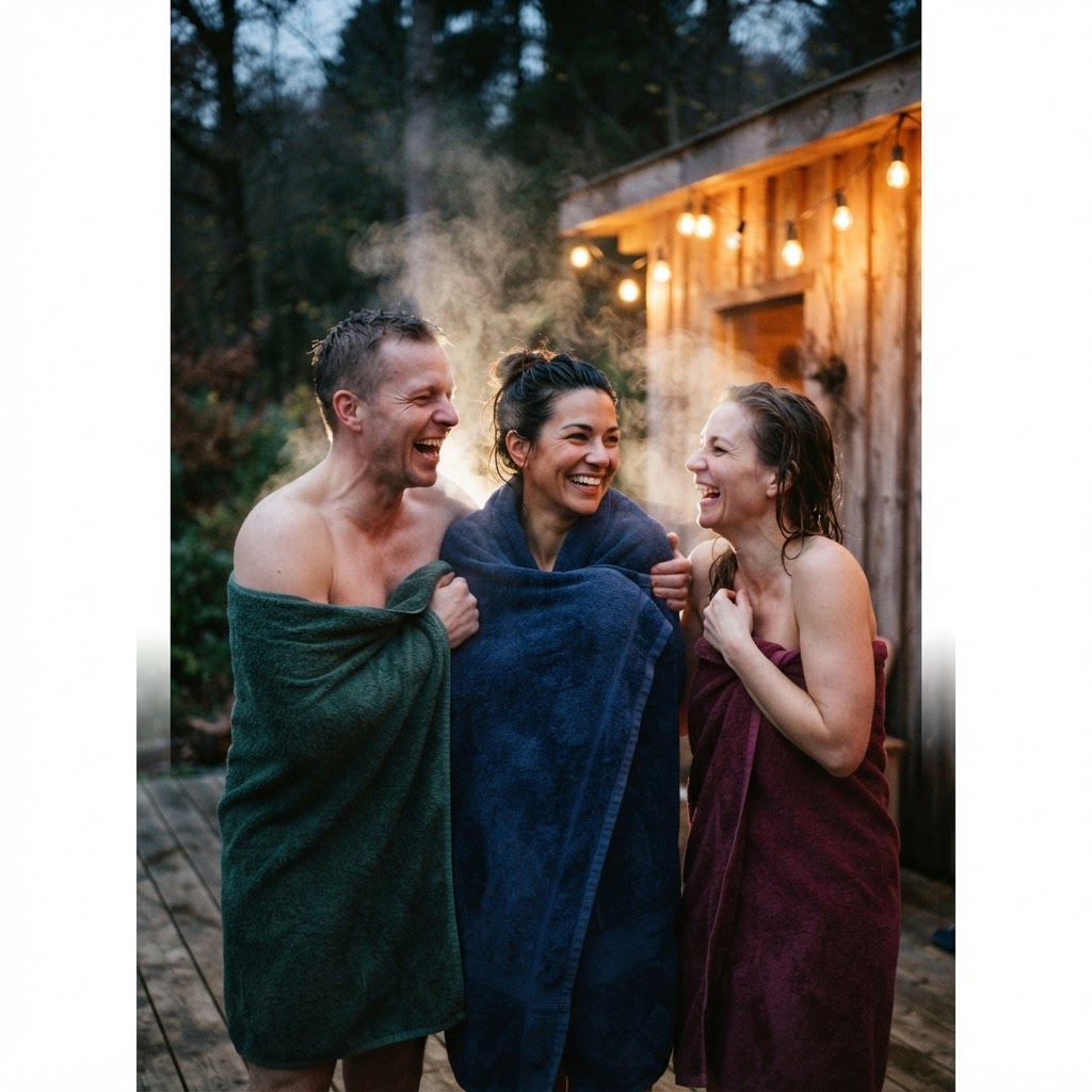 Symbolbild: Drei Freunde in Handtüchern stehen abends nach der Sauna lachend im Freien, Dampf an den Schultern, Lichterkette