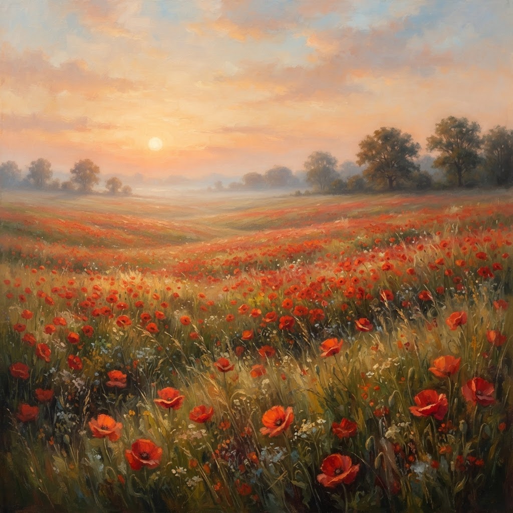 Red poppies growing in the fields of Flanders