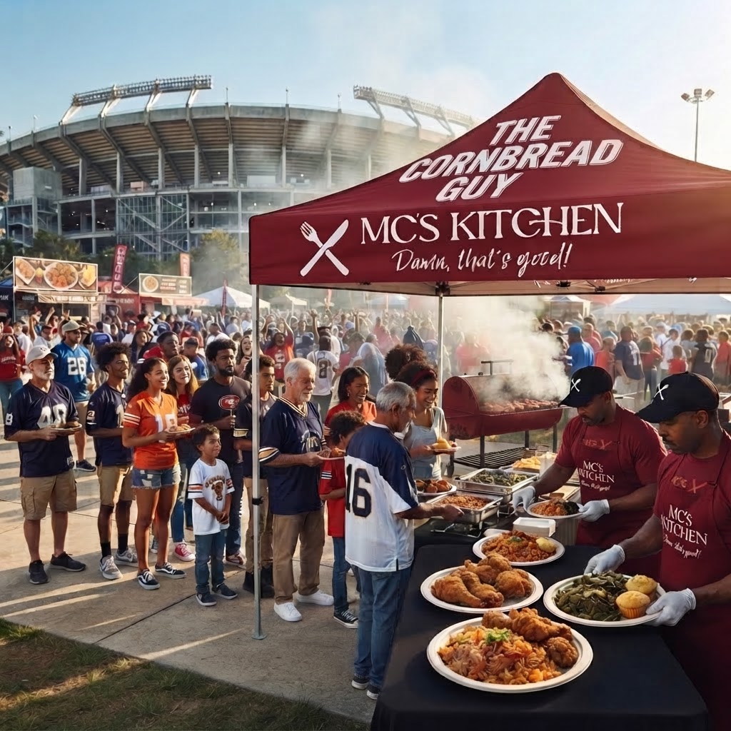 MC's Kitchen popup at a sporting event with The Cornbread Guy on the tent