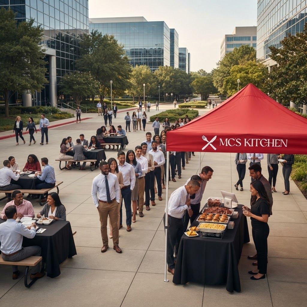 MC's Kitchen popup tent with a red canopy bearing the MC's Kitchen fork-and-knife logo at an office park, with a Square Register and pulled pork and Cajun chicken sliders on display, no people