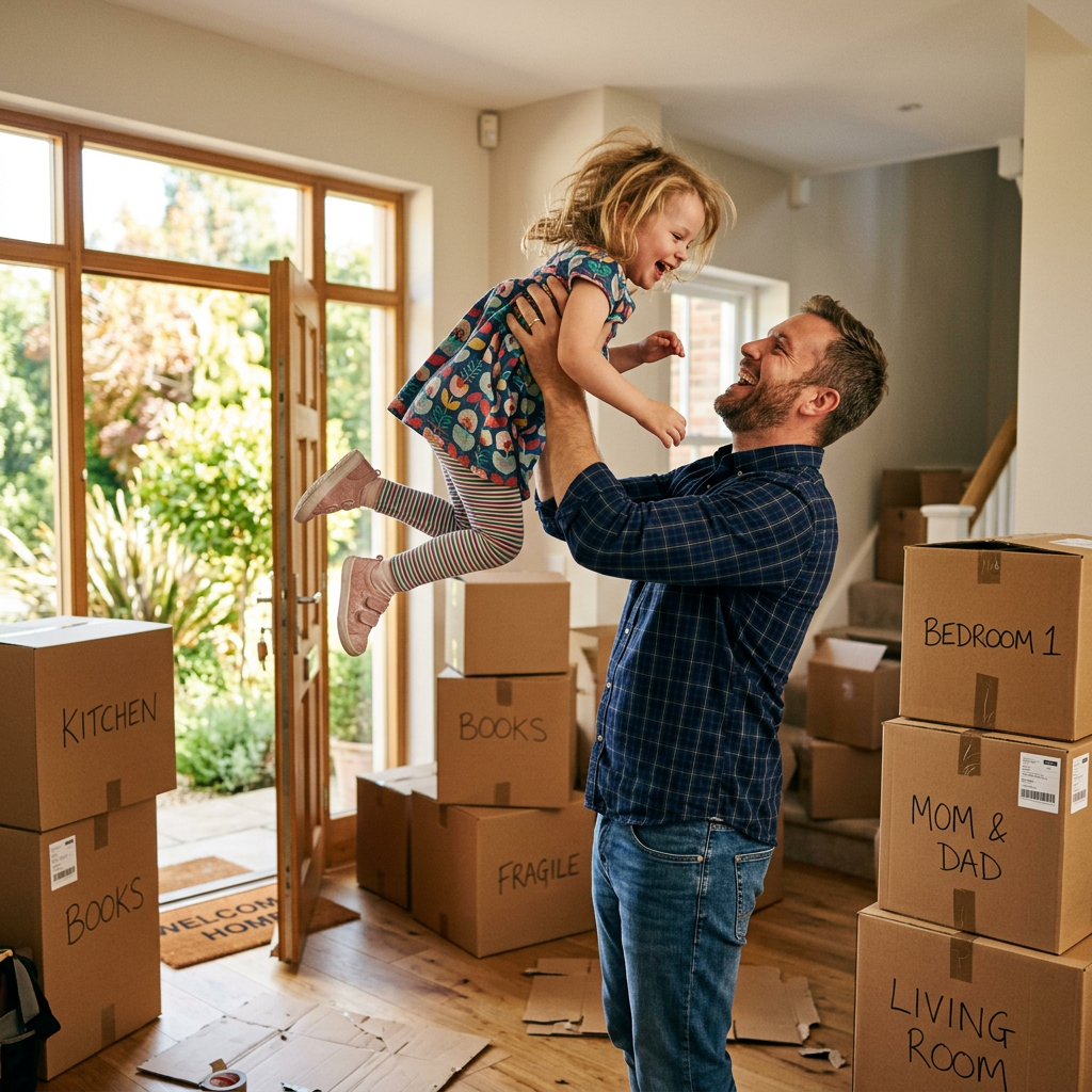 Happy family moving into new home