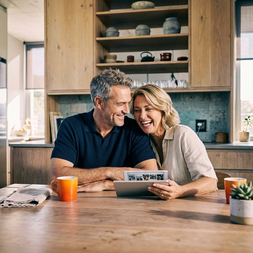 Happy couple using tablet