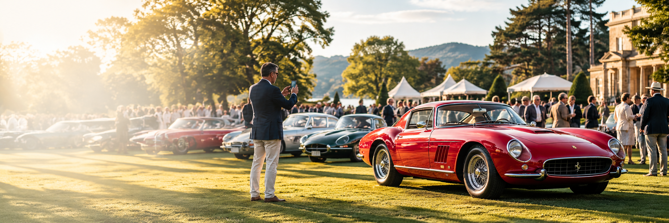 A man photographing a classic red Ferrari 275 GTB at a sunlit concours d'elegance event on a manicured lawn.