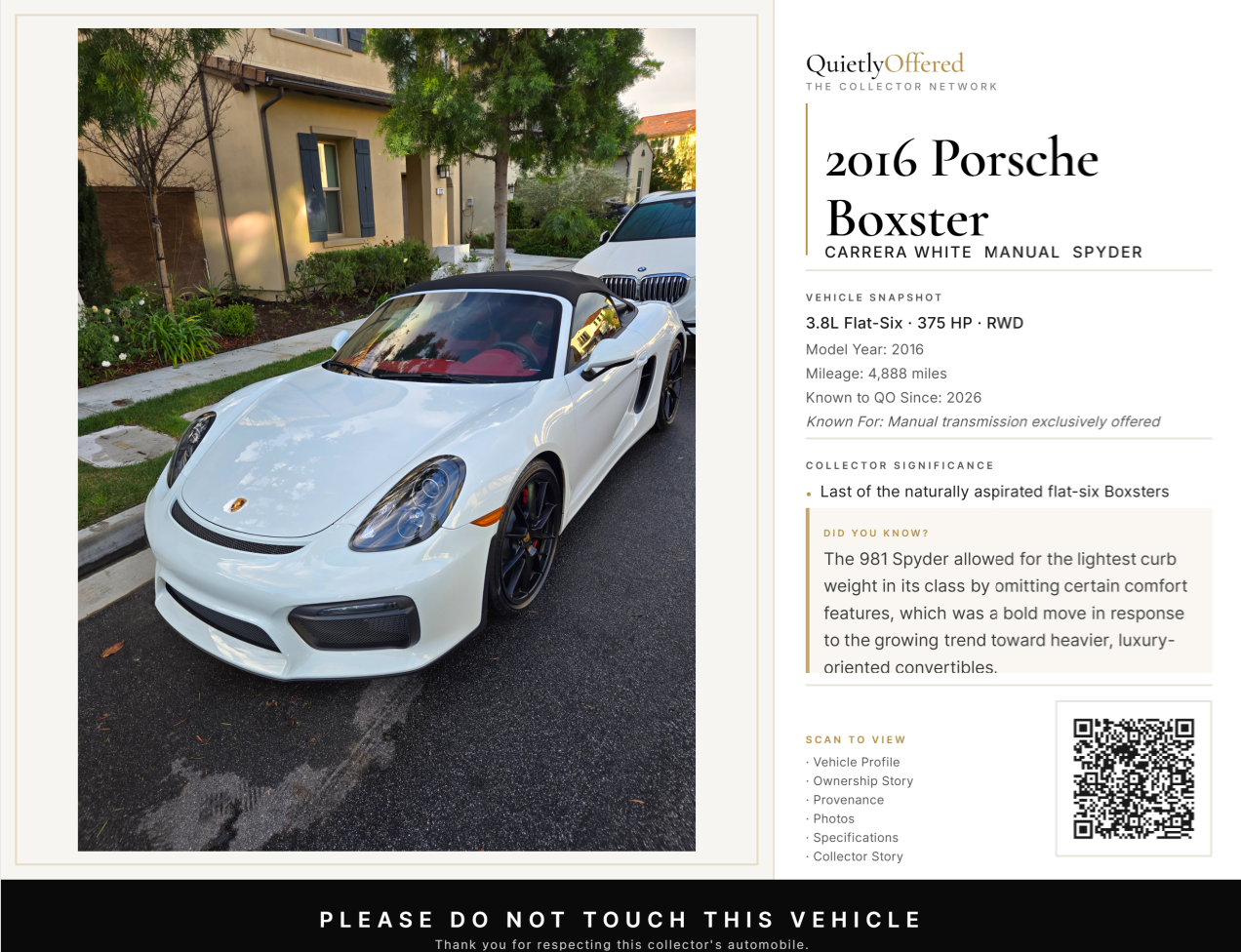 Sample QuietlyOffered vehicle placard for a 2016 Porsche Boxster Spyder