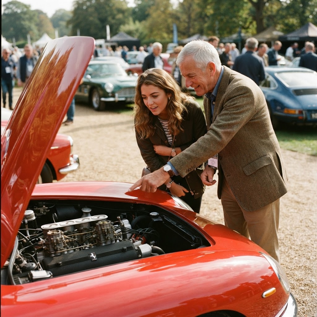 An older collector sharing his knowledge with a younger enthusiast at a car show