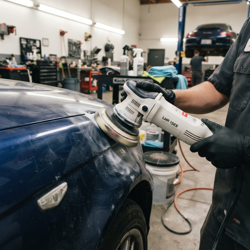 A specialist performing paint correction on a collector car