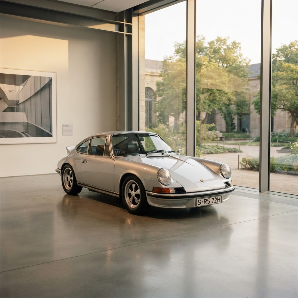 A classic car displayed in a bright museum gallery