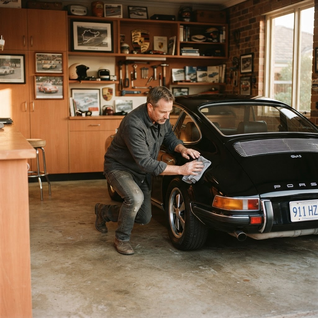 A longtime owner hand-polishing his classic black Porsche 911 in an authentic, warm wood-toned private garage — a quiet ritual of care.