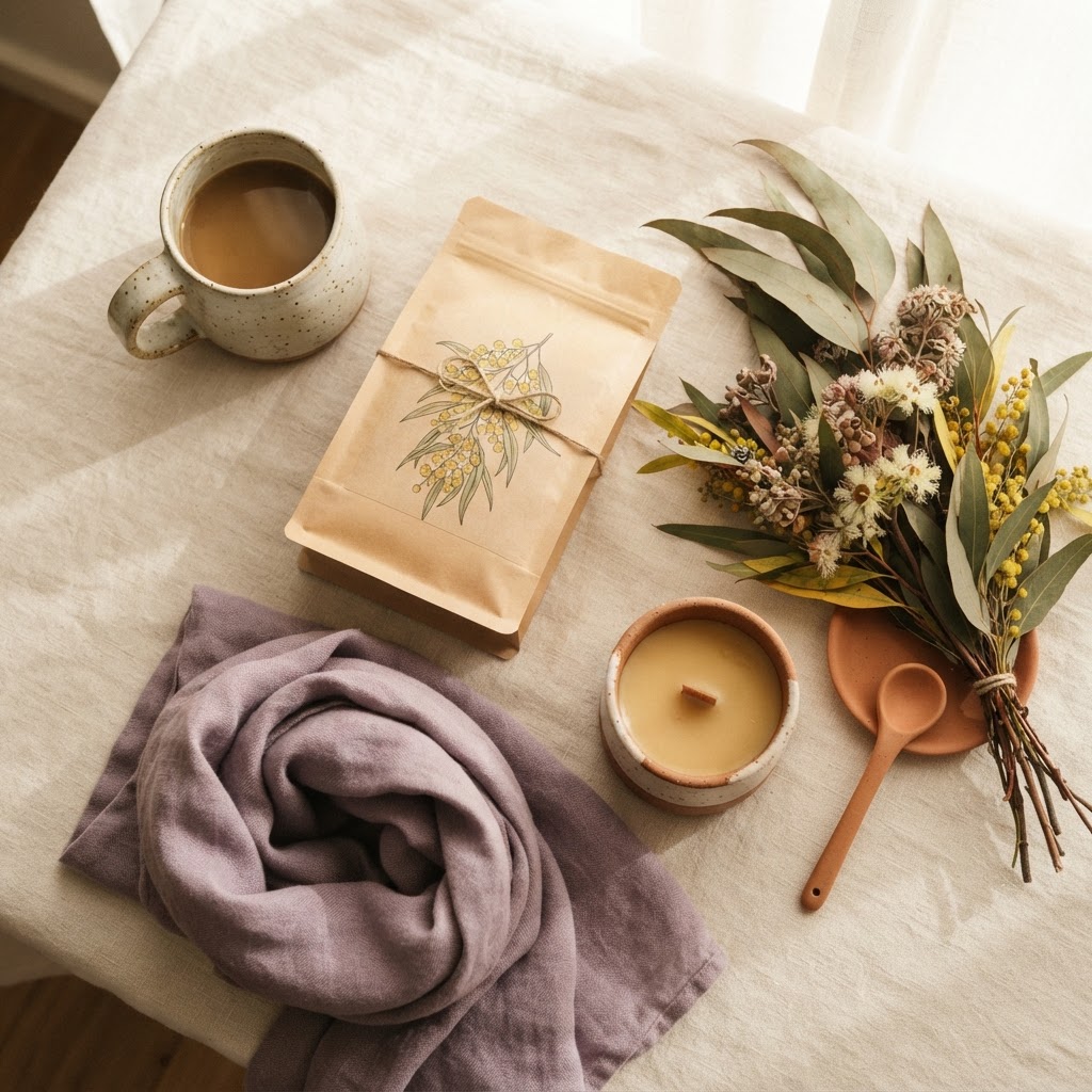 A warm flat-lay of Australian-made goods — ceramics, coffee, native flowers and handmade pieces