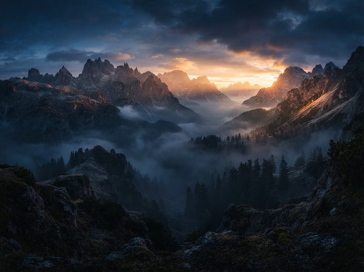 Misty mountain valley at dawn
