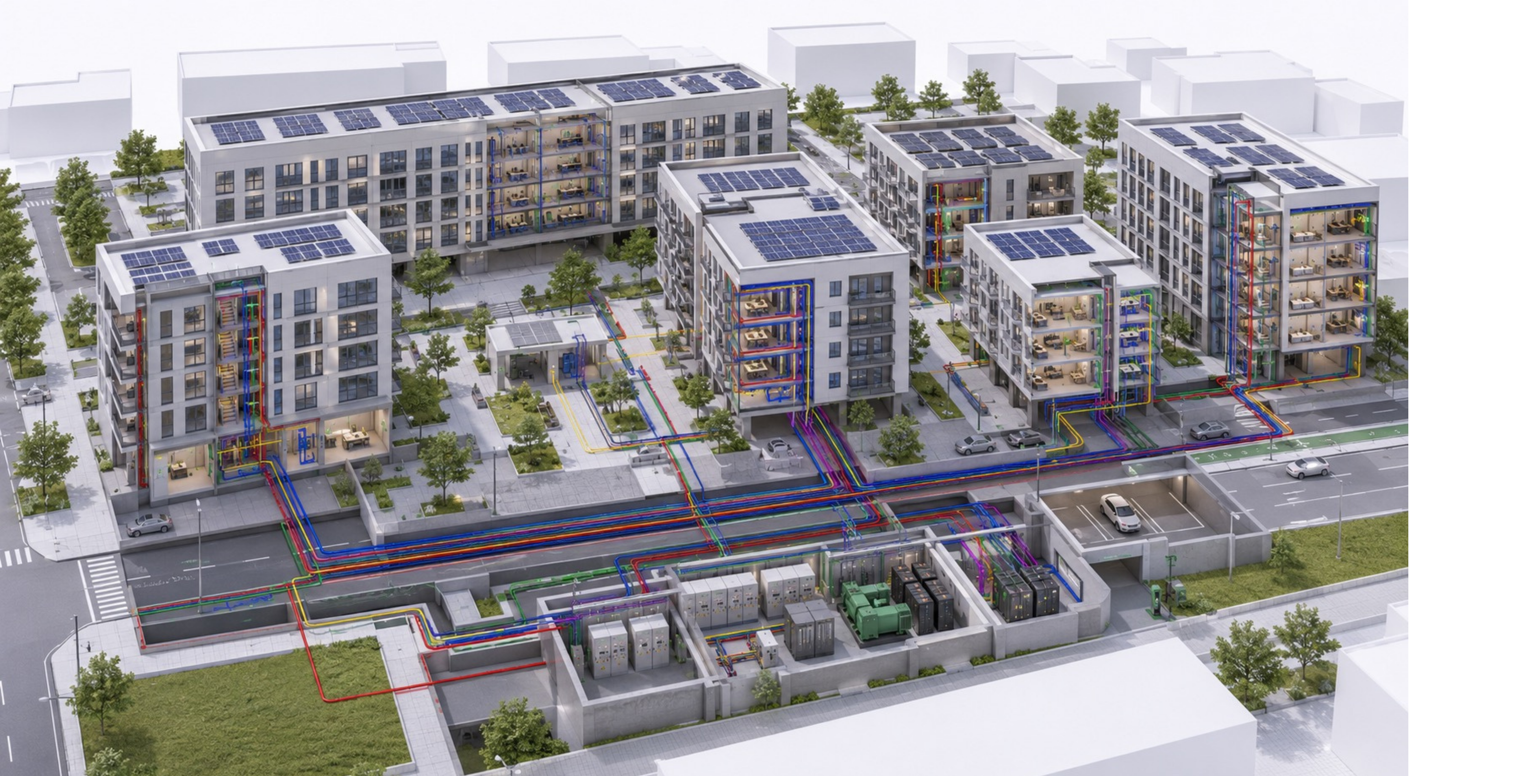 Isometrische Smart-City-Illustration für nachhaltige urbane Energieinfrastruktur von RESO – KI-generierte Visualisierung