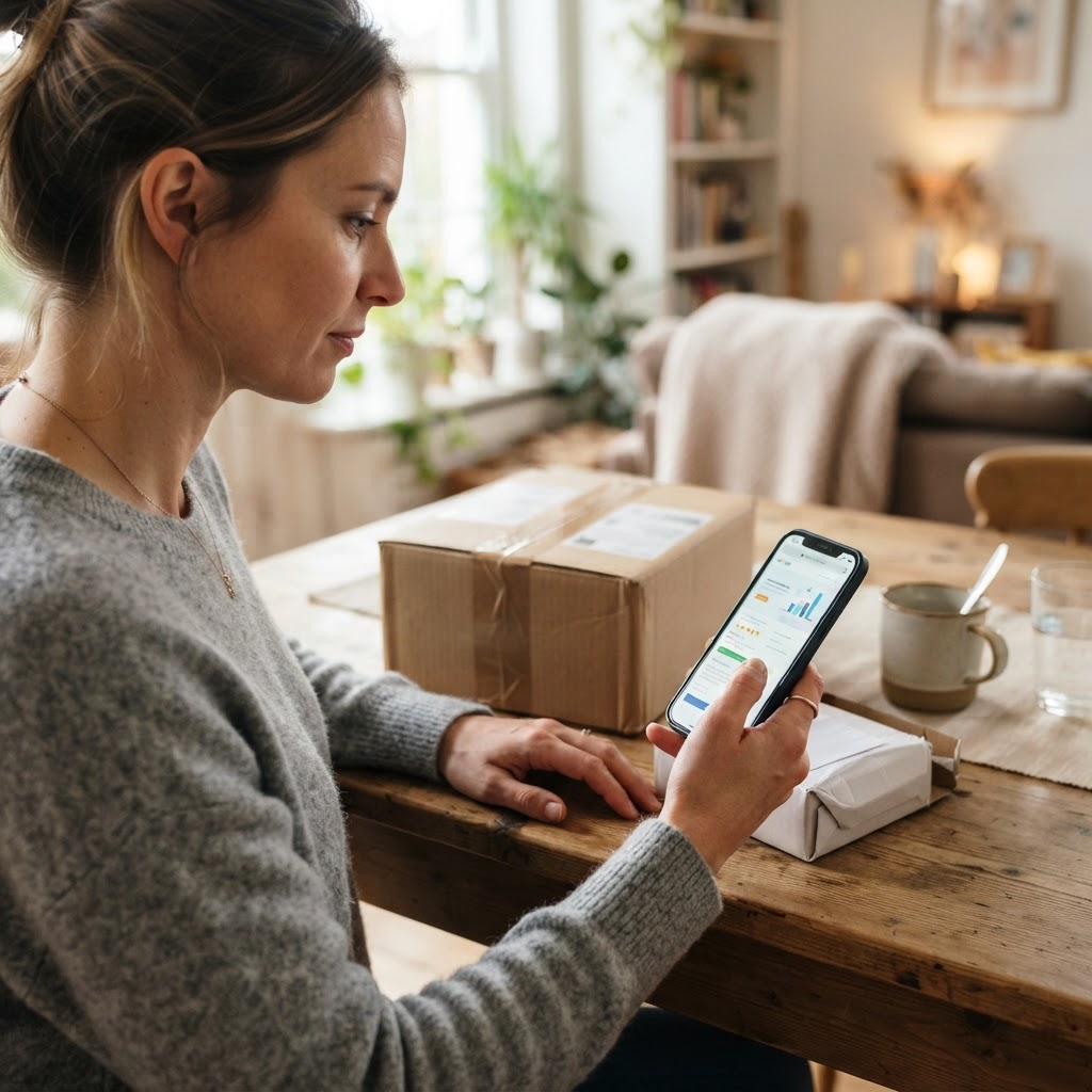 A customer comparing product reviews and delivery details on a smartphone