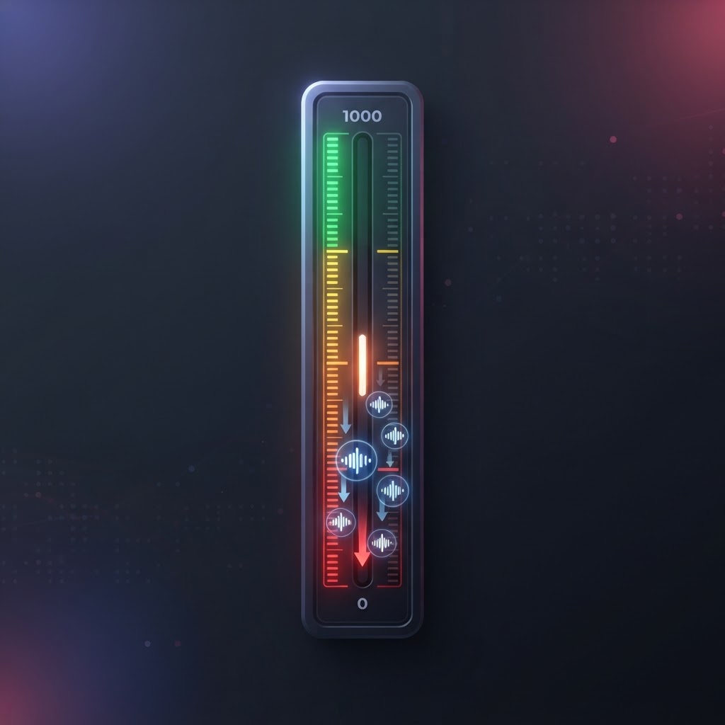 The AHR scoring system: violations compound, they don't reset. A vertical health scoring meter descending from green to red, with AI waveform icons being pushed into the restricted zone