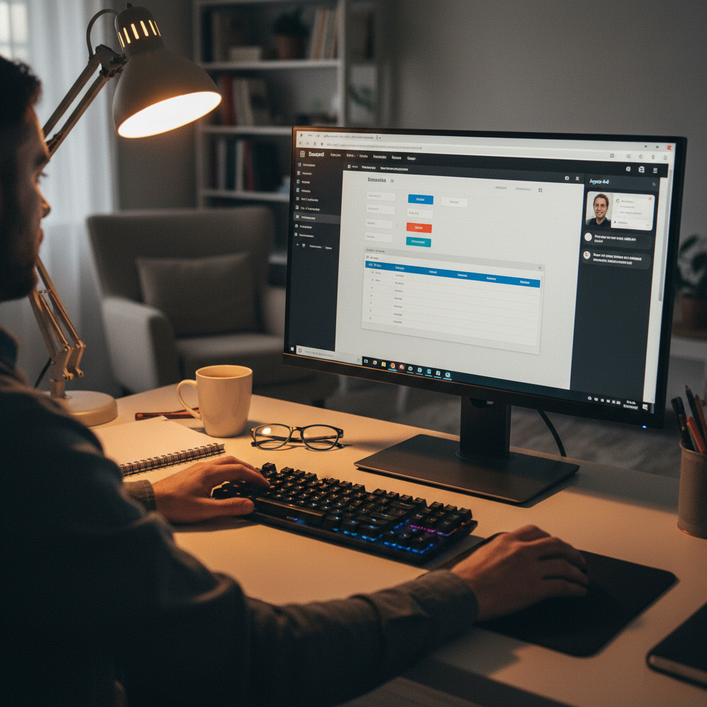Person working with Base44 app builder interface at home desk