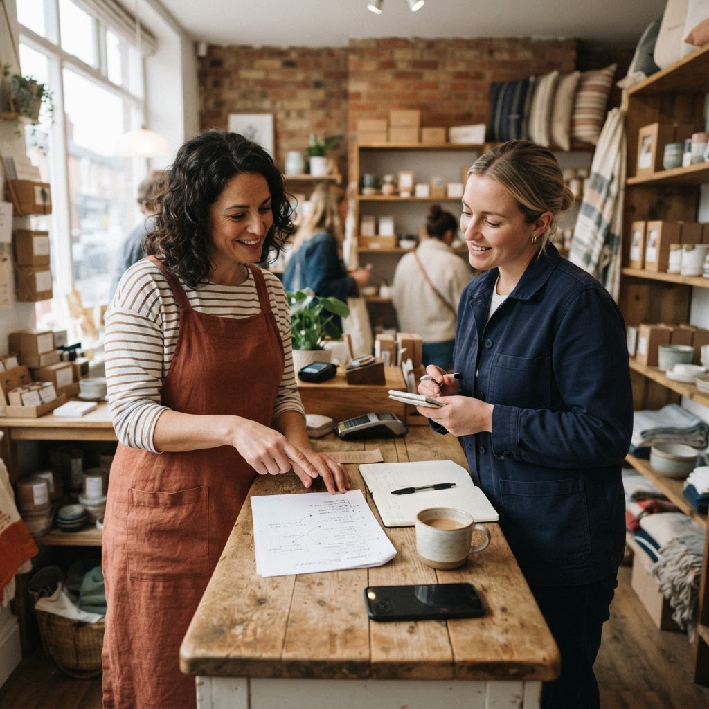 A candid phone photo inside a small retail shop, with an owner and consultant discussing customer discovery