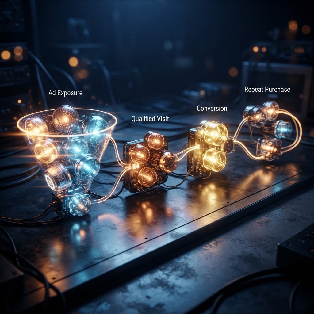 A physical chain of glowing nodes represents exposure, qualified demand, conversion, and repeat purchase