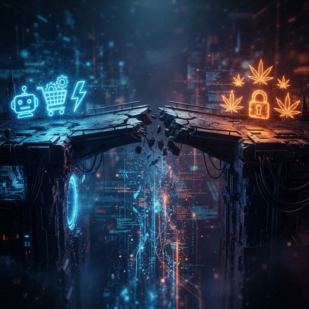 Abstract dark infographic showing a broken bridge between AI commerce and cannabis, with glowing blue AI icons on one side and locked orange cannabis icons on the other