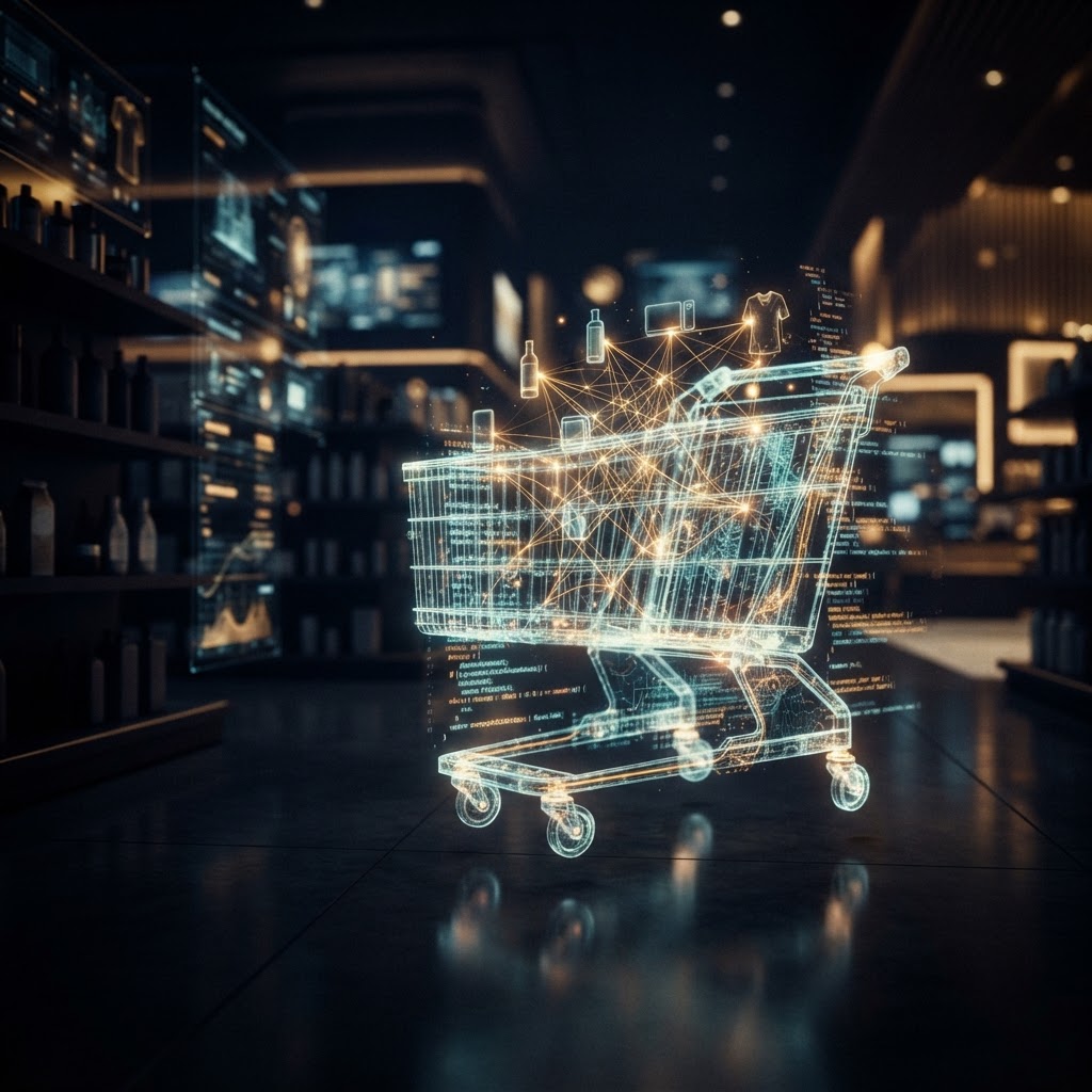AI shopping cart made of light and code floating in a dark retail environment