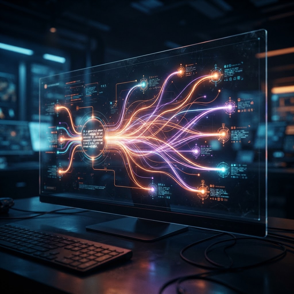 A glowing AI search answer branching into cited web sources
