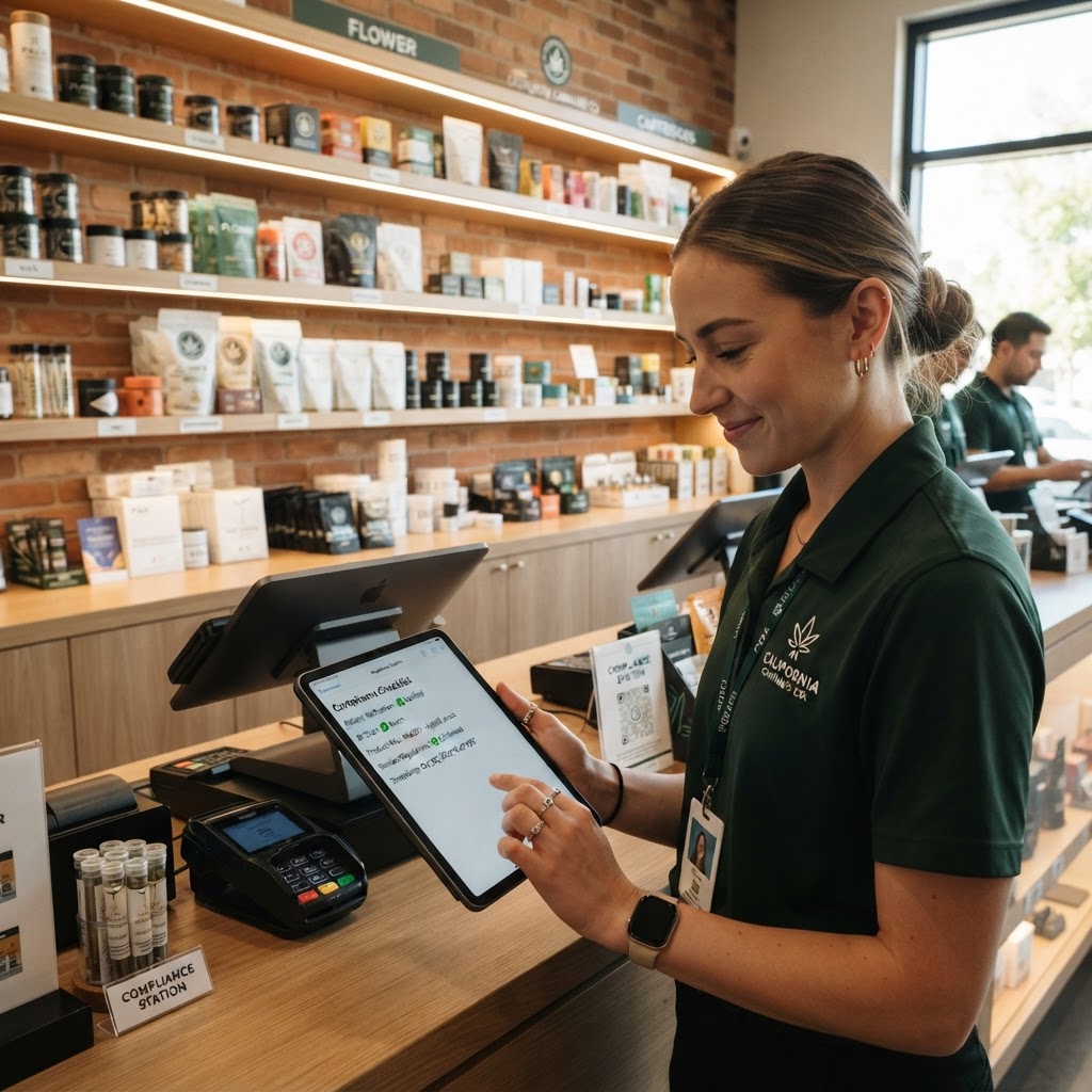Dispensary employee reviewing compliance documents on tablet at checkout counter