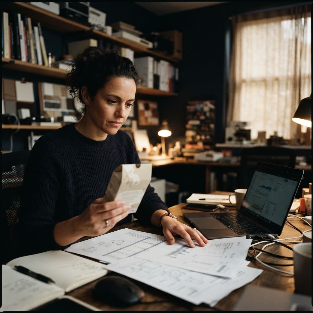 Marketer inspecting a product data feed beside a physical package in a small office