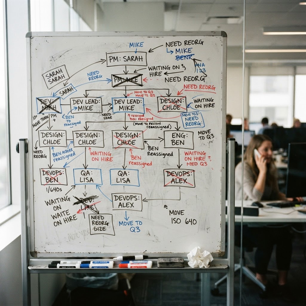 The 8% who can run multi-agent campaigns reorganized first. The tools came second. A whiteboard with hand-drawn team restructuring diagrams, candid phone photo