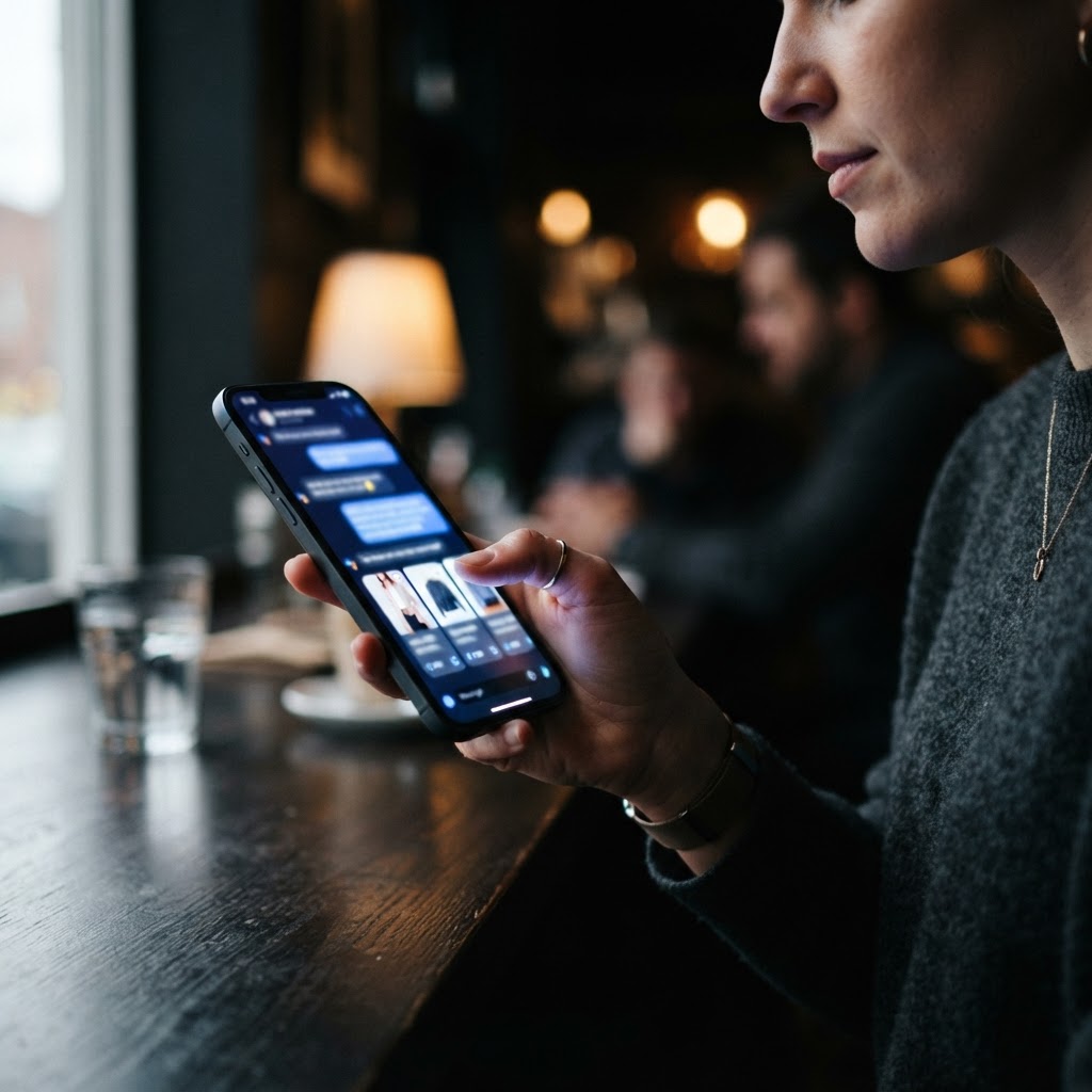 A smartphone showing a conversational shopping recommendation in a real coffee shop