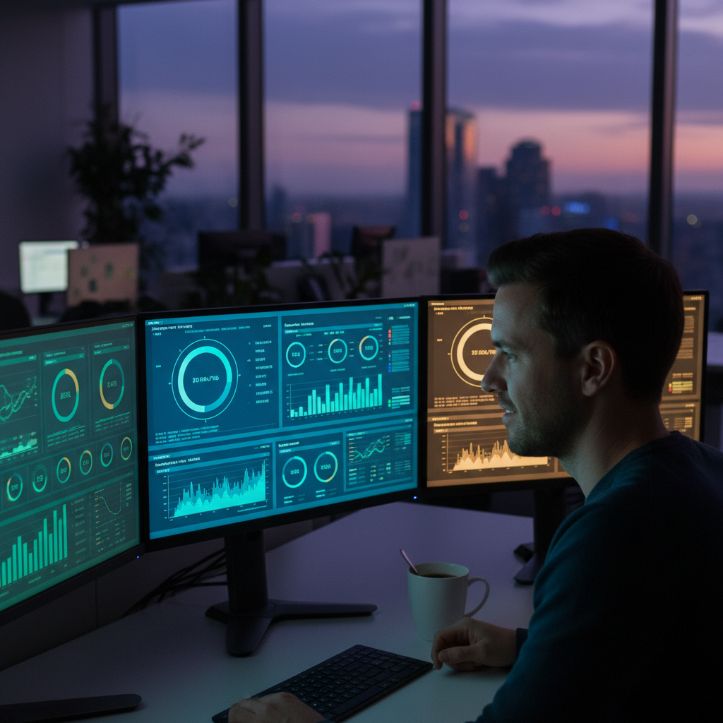 Your content strategy now lives in two places: ranking and citation authority. Analytics dashboard showing citation metrics and visibility scores in a modern office setting