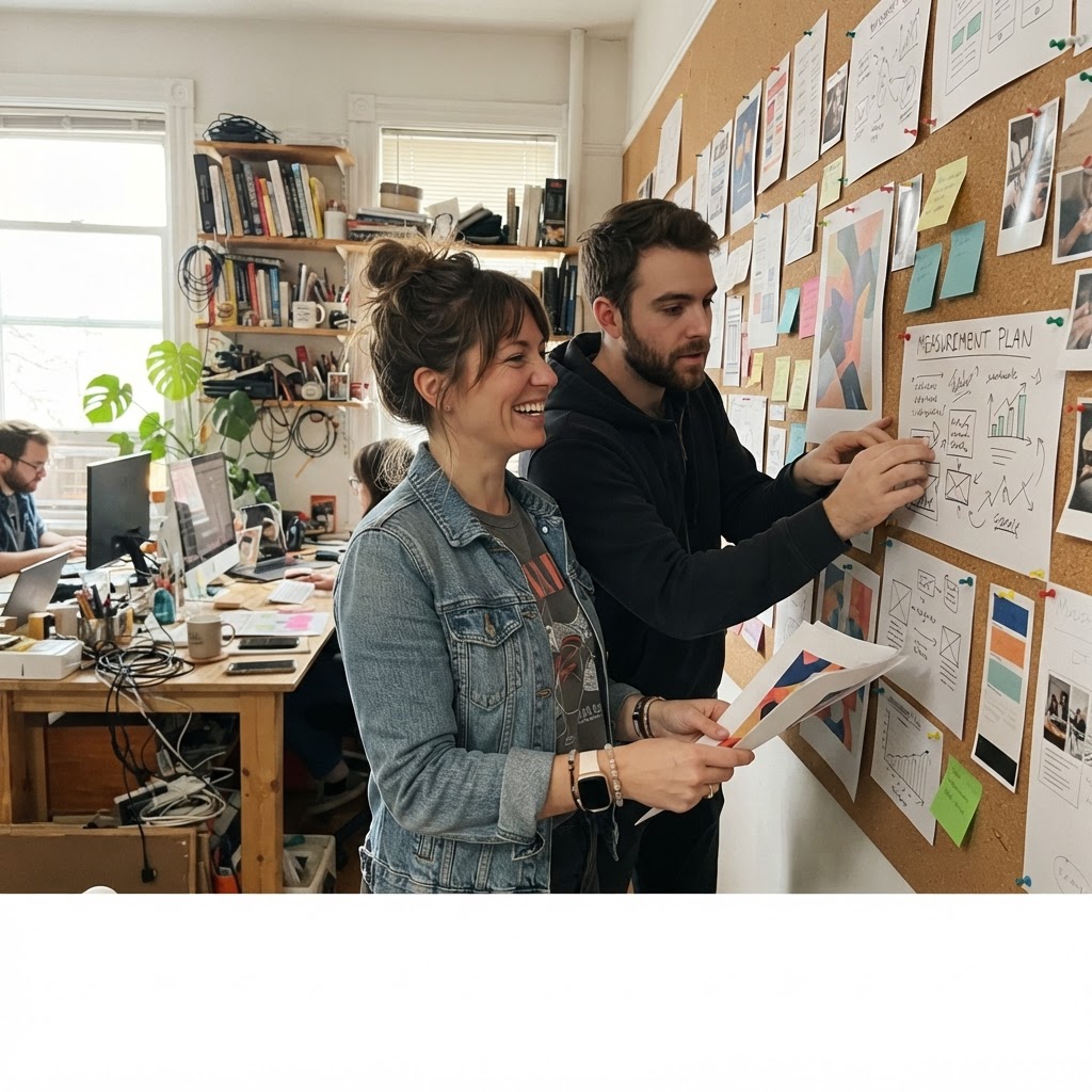 Two marketers pin ad variations and a simple measurement plan to a studio wall in a candid phone photo.