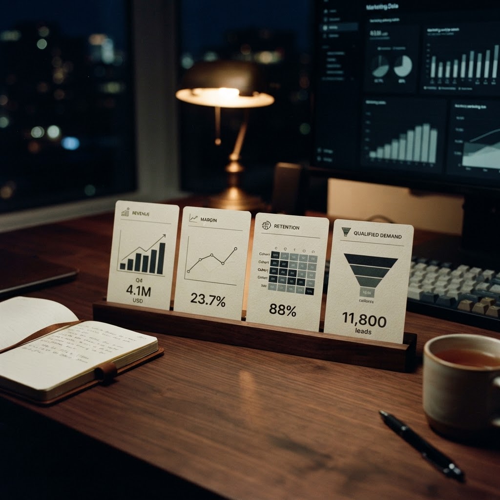 A dark scorecard shows revenue, margin, retention, and qualified demand as connected business signals