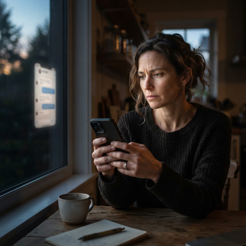 The useful ad answers the decision in front of the buyer. A small business owner checks an AI conversation on a phone while deciding what to buy, captured in a real kitchen at dawn