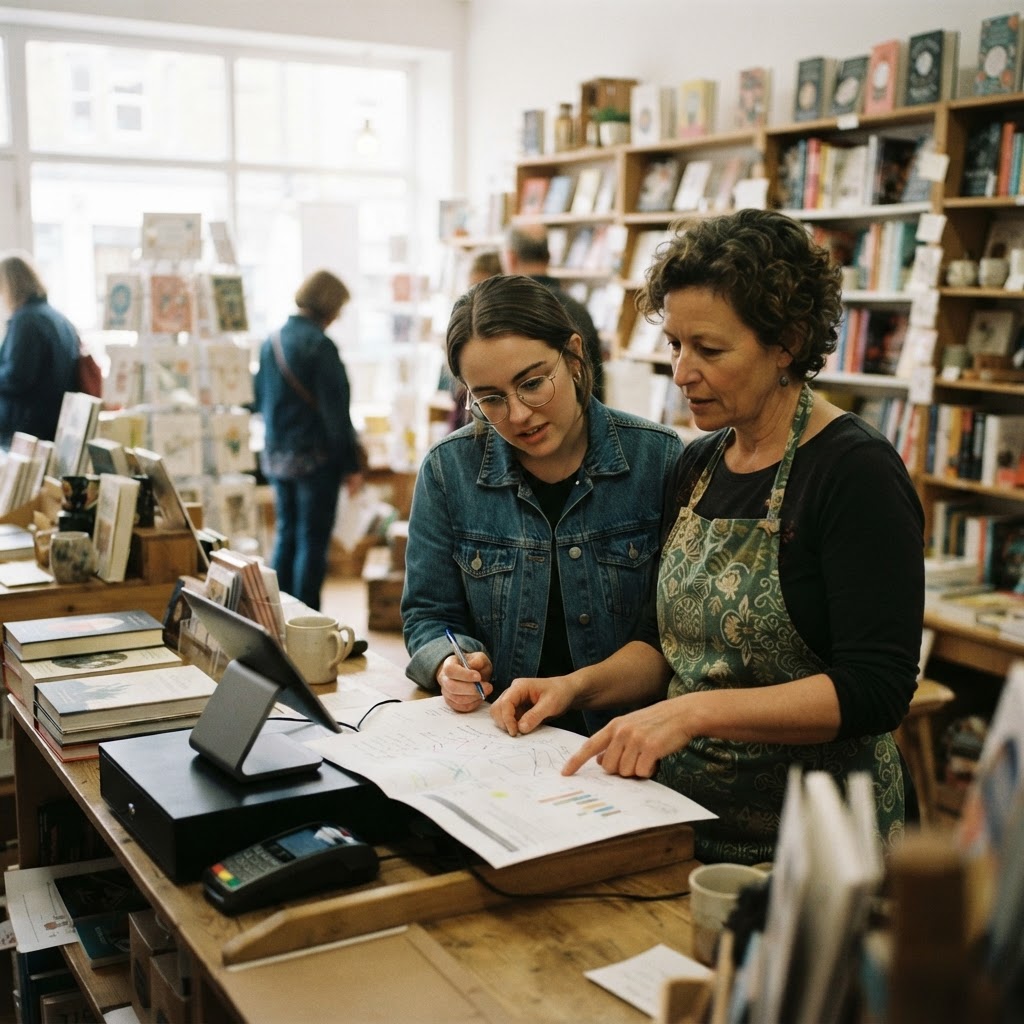 Candid phone photo of a small retail team reviewing a printed promotion plan near a shop counter
