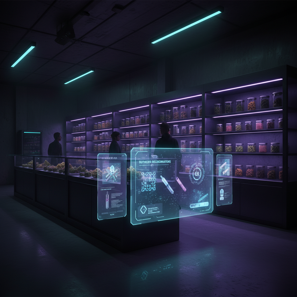 An AI interface displayed on a tablet inside a cannabis dispensary, with product recommendations glowing in neon purple and teal.
