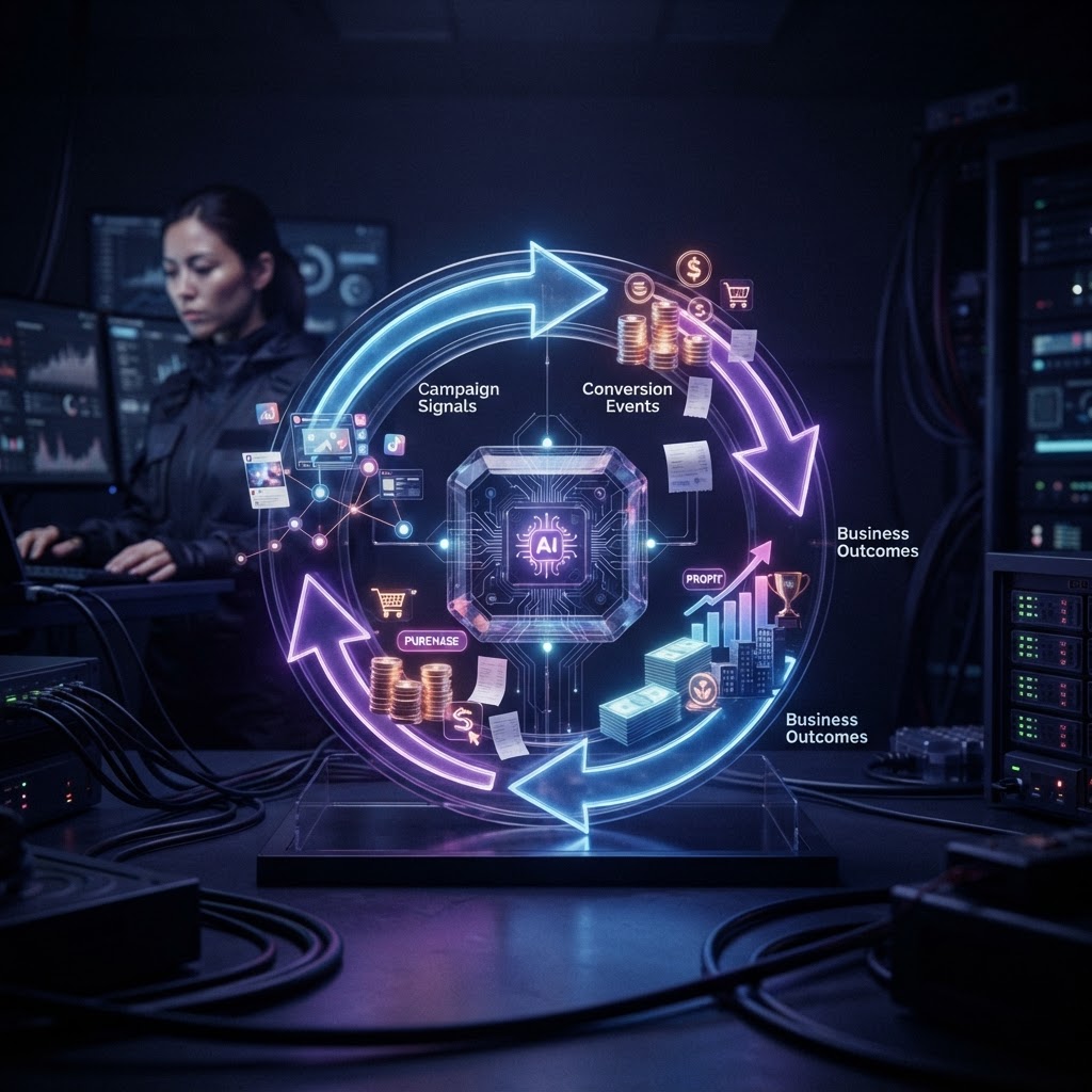 A circular feedback loop connects campaign signals, customer outcomes, and business decisions