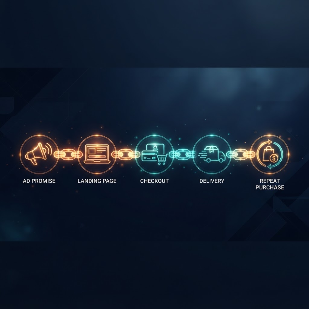 A glowing chain connects an ad promise, landing page, checkout, delivery, and repeat purchase