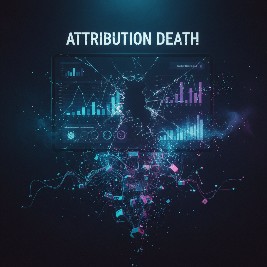 A dark analytics dashboard with broken graph lines and disconnected data flows. Moody blues and purples with dissolving network infrastructure. Attribution Death title card.