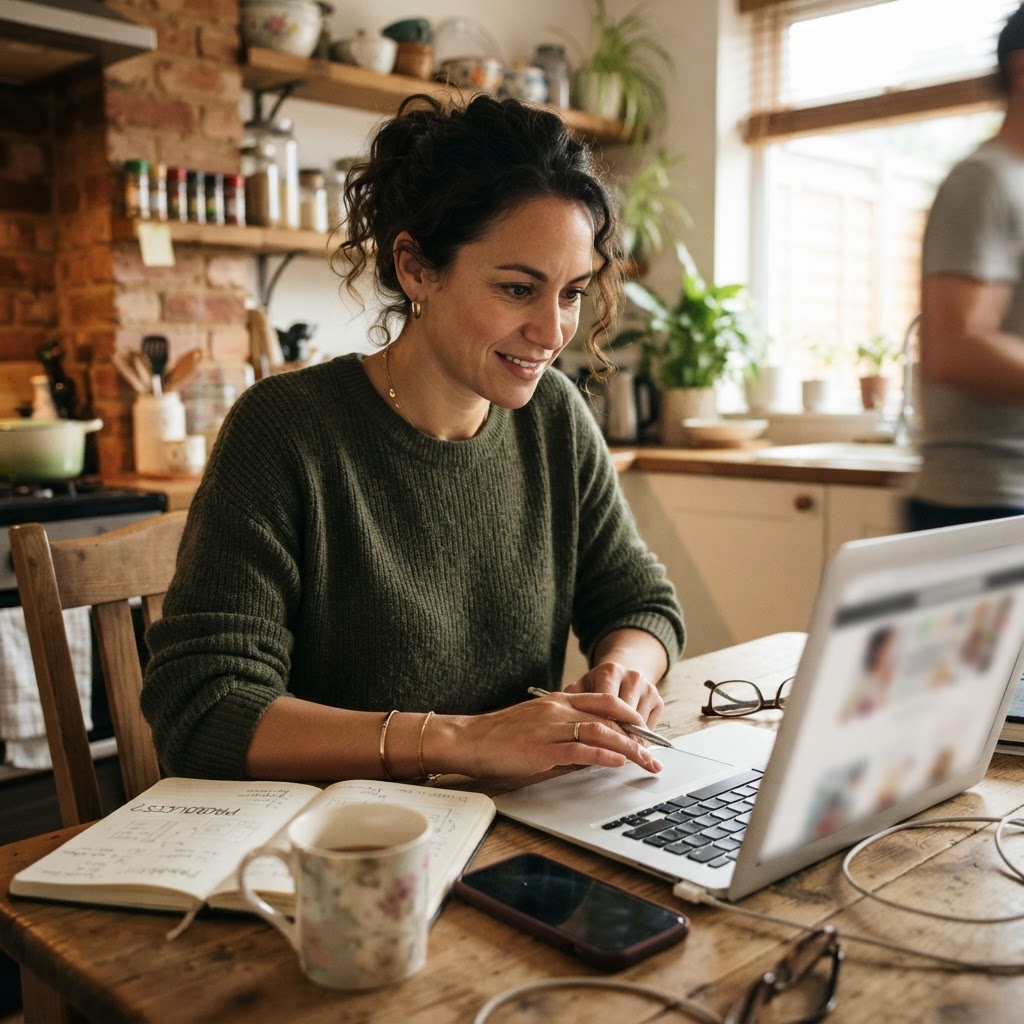 A candid small business owner testing an ecommerce category page on a laptop at a kitchen table