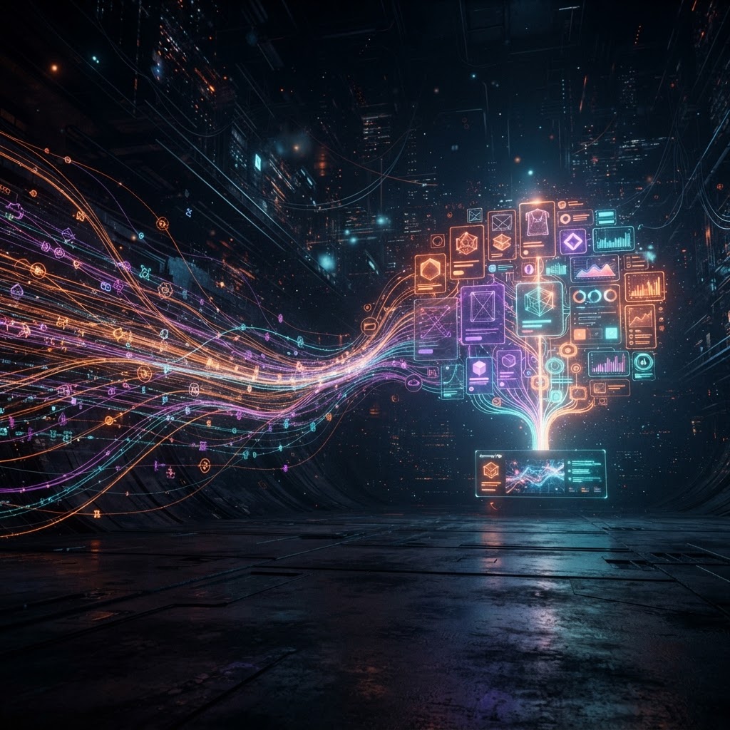 Abstract structured data streams transforming into an AI shopping answer