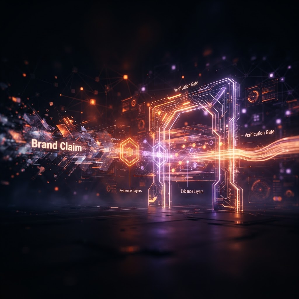 A brand claim moving through luminous verification gates and evidence layers